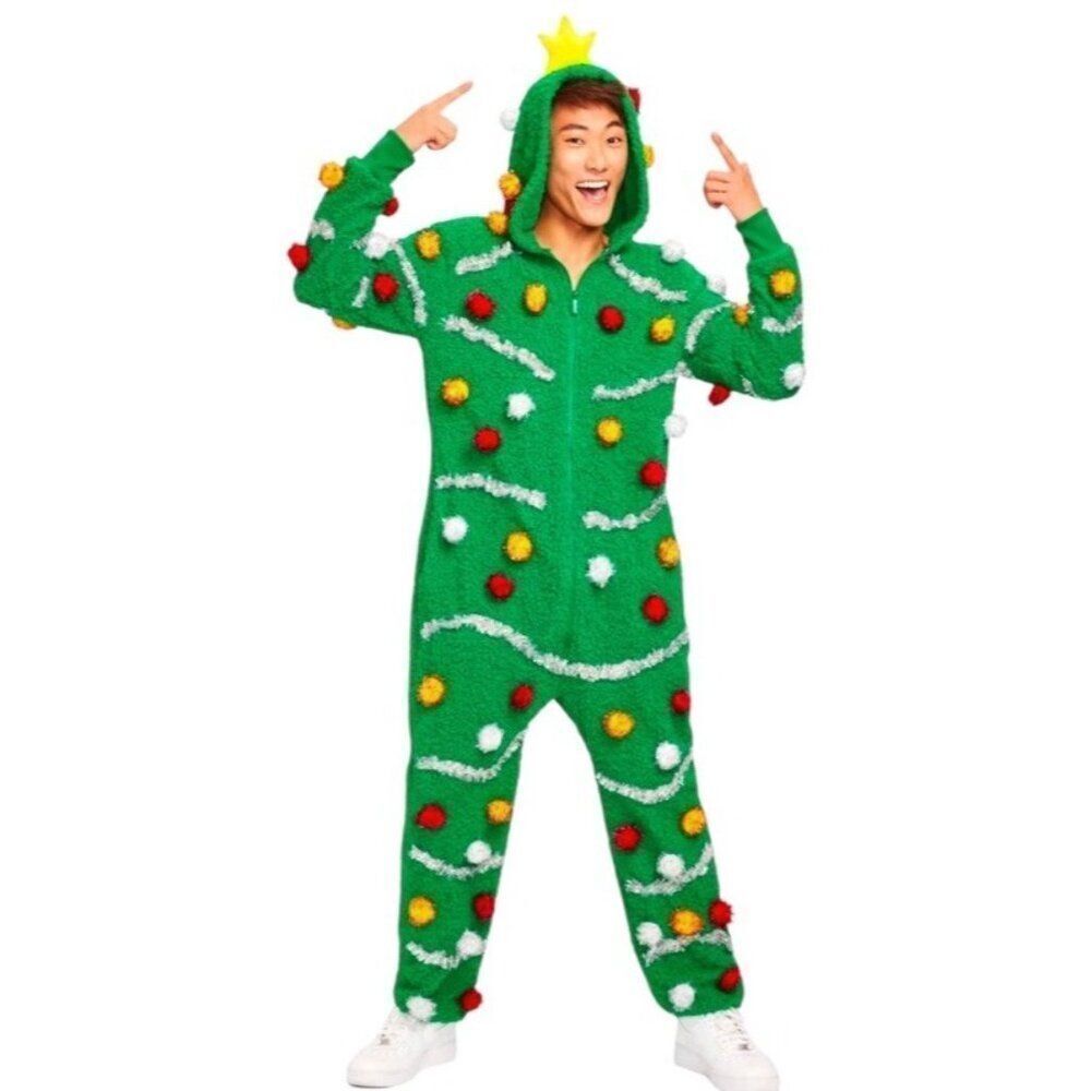 Tipsy Elvest Mens XL Oh Christmas Tree One Piece Hooded Fleece Full Zip Jumpsuit